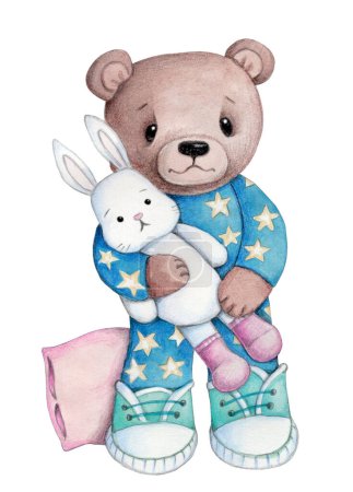 Téléchargez les photos : Cute cartoon teddy bear in blue pajamas with toy bunny. Watercolor hand painted art for children. Isolated on white background. Perfect for nursery and baby prints, posters, cards. - en image libre de droit