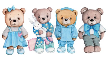 Téléchargez les photos : Cute cartoon teddy bears, set of 4 characters. Watercolor hand painted art for children. Isolated on white background. Perfect for nursery and baby prints, posters, cards. - en image libre de droit