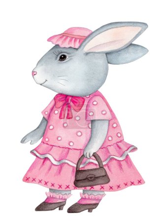 Téléchargez les photos : Cute cartoon bunny rabbit hare couple, girl inpink dress and hat, walking. Watercolor illustration, isolated on white background. - en image libre de droit