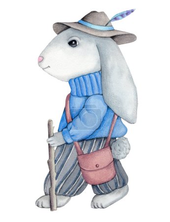 Téléchargez les photos : Cute cartoon bunny rabbit hare  boy in hat, walking. Watercolor illustration, isolated on white background. - en image libre de droit