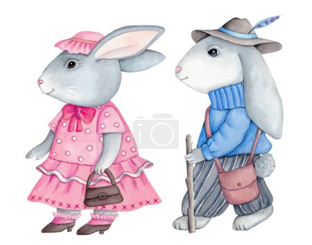 Téléchargez les photos : Cute cartoon bunny rabbit hare couple, boy and girl, walking. Watercolor illustration, isolated on white background. - en image libre de droit