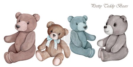 Téléchargez les photos : Pretty cute little brown teddy bear sitting. Watercolor hand painted illustration of cartoon toy animal, element od design for children. Isolated on white background. - en image libre de droit