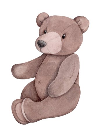 Téléchargez les photos : Pretty cute little brown teddy bear sitting. Watercolor hand painted illustration of cartoon toy animal, element od design for children. Isolated on white background. - en image libre de droit