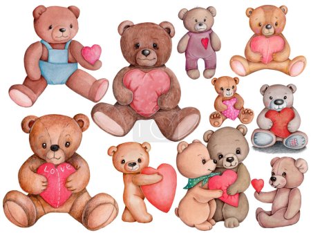 Téléchargez les photos : Pretty cute little brown teddy bear sitting, hanging hearts. Valentine's day symbol. Watercolor hand painted illustration of cartoon toy animal, element od design for children. Isolated on white background. - en image libre de droit