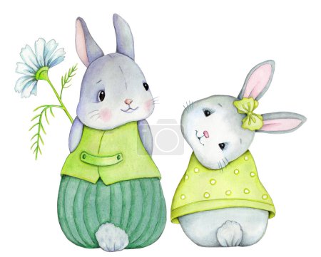 Téléchargez les photos : Cute cartoon bunny rabbit hare baby. Watercolor hand painted art for children. Isolated on white background. Perfect for nursery and baby prints, posters, cards. - en image libre de droit