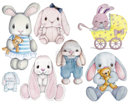 Watecolor illustration of cute prettybunny rabbit hare, toy plush hare, cartoon animal. Isolated. Hand painted.
