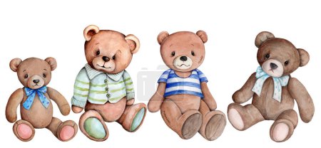 Téléchargez les photos : Watecolor illustration of cute pretty teddy bears sitting, toy plush bear, cartoon animal. Isolated. Hand painted. - en image libre de droit