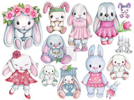Photo for Watecolor illustration of cute pretty bunny rabbist hares set of bunny girls, toy plush hares, cartoon animals. Isolated. Hand painted. - Royalty Free Image
