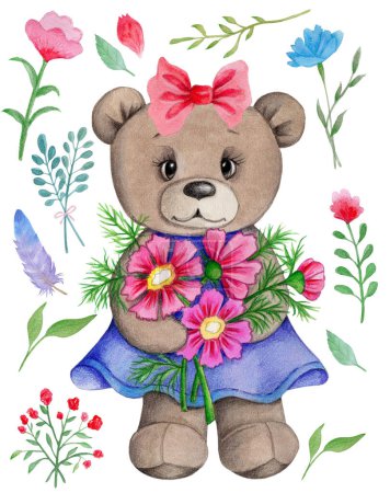 Téléchargez les photos : Illustration Watecolor de mignonne jolie fille ours en peluche avec des fleurs, jouet ours en peluche, animal de dessin animé. Isolé. Peint à la main. - en image libre de droit