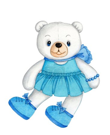 Téléchargez les photos : Illustration Watecolor de mignonne jolie fille ours en peluche en robe bleue, jouet ours en peluche, animal de dessin animé. Isolé. Peint à la main. - en image libre de droit