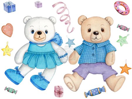 Téléchargez les photos : Watecolor illustration of cute pretty teddy bears boy and girl sitting, toy plush bear, cartoon animal. Isolated. Hand painted. - en image libre de droit