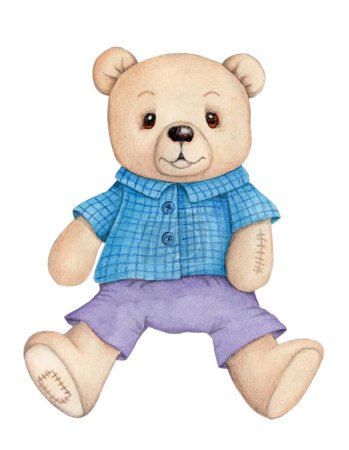 Téléchargez les photos : Watecolor illustration of cute pretty teddy bear in blue shirt and wiolet pants, sitting, toy plush bear, cartoon animal. Isolated. Hand painted. - en image libre de droit