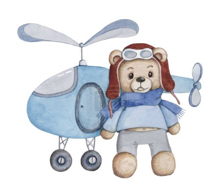 Téléchargez les photos : Joli ours en peluche et hélicoptère, pilote de dessin animé. Illustration aquarelle pour enfants. - en image libre de droit