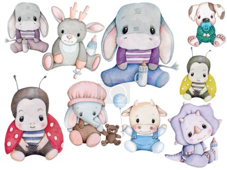 Photo for Cute cartoon animal baby set. Watercolor hand painted illustrations, icons. - Royalty Free Image