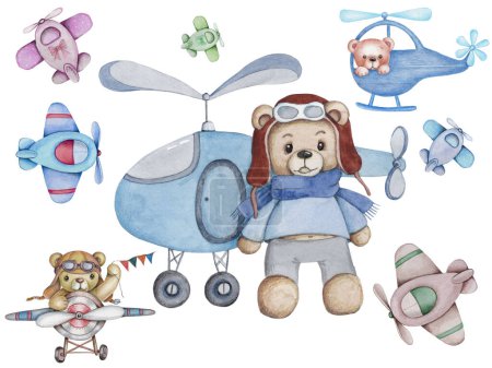 Téléchargez les photos : Joli ours en peluche et un hélicoptère et un avion, pilote d'avion dessin animé. Illustration aquarelle pour enfants. - en image libre de droit