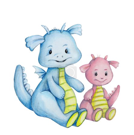 Téléchargez les photos : Bébé dragons bleu dessin animé mignon assis. Illustration dessinée à la main aquarelle pour tout travail de conception. - en image libre de droit