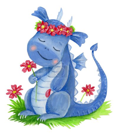 Téléchargez les photos : Mignon dessin animé bébé dragon bleu avec des fleurs, assis. Illustration dessinée à la main aquarelle pour tout travail de conception. - en image libre de droit