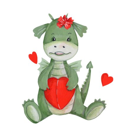 Téléchargez les photos : Bébé dragon vert dessin animé mignon avec des cœurs rouges assis. Illustration dessinée à la main aquarelle pour tout travail de conception. - en image libre de droit