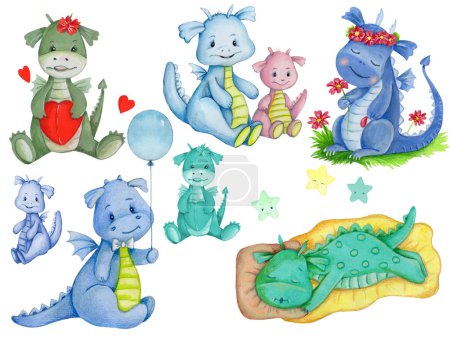Téléchargez les photos : Bébé dragons bleu dessin animé mignon assis. Illustration dessinée à la main aquarelle pour tout travail de conception. - en image libre de droit