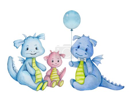 Téléchargez les photos : Mignon dessin animé dragons bébé bleu et rose assis. Illustration dessinée à la main aquarelle pour tout travail de conception. - en image libre de droit