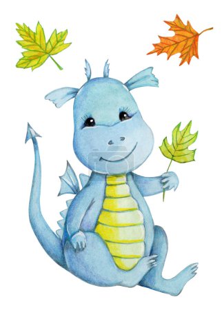 Téléchargez les photos : Bébé dragon bleu dessin animé mignon avec feuille d'automne, assis. Illustration dessinée à la main aquarelle pour tout travail de conception. - en image libre de droit