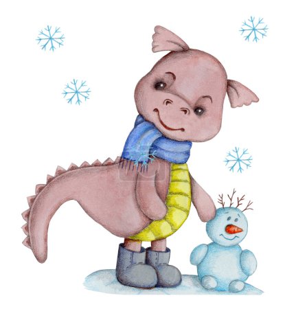 Téléchargez les photos : Bébé dragon dessin animé mignon avec un bonhomme de neige, jouer. Illustration dessinée à la main aquarelle pour tout travail de conception. - en image libre de droit