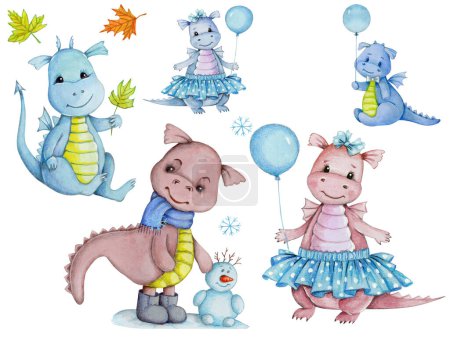 Téléchargez les photos : Bébé dragons bleu dessin animé mignon ensemble. Illustration dessinée à la main aquarelle pour tout travail de conception. - en image libre de droit