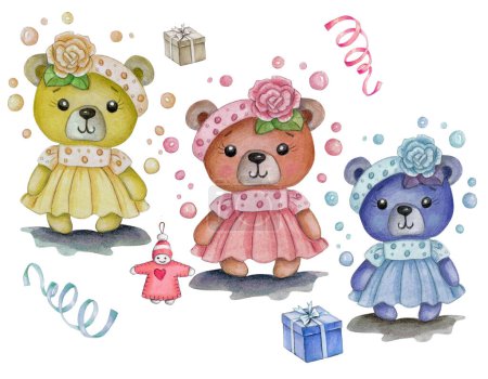 Téléchargez les photos : Trois filles mignonnes ours en peluche dessin animé en robes, debout devant la position. - en image libre de droit