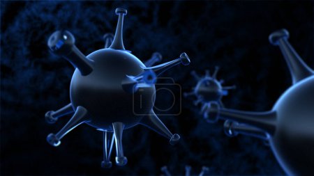 Foto de Representación 3D. Concepto de Coronavirus, virus de la corona infectada celular o movimiento 2019-nCov en fondo oscuro - Imagen libre de derechos
