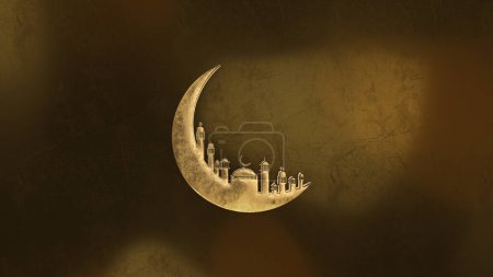 Foto de Representación 3D, Animación de Ramadán Kareem con mezquita dorada de la luna y fondo claro. Diseño para tarjetas de felicitación, póster, banner, invitación - Imagen libre de derechos