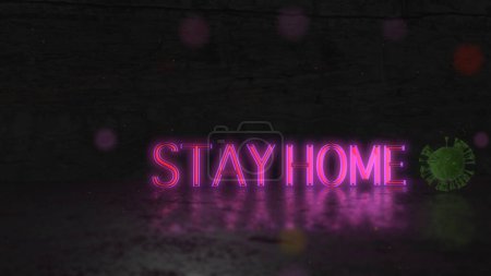 Foto de 3d rendering  of covid 19 coronavirus campaign,3D pink red neon glow light stay home stay safe. - Imagen libre de derechos