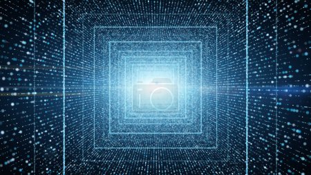 Foto de Infinite light blue square tunnel of glowing dots particle. cyber technology background - Imagen libre de derechos