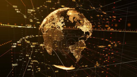 Foto de Dark Brown Earth Particle Data Network Digital Technology Concept. Futuristic Business Global Network Data Globe Map Cyberspace Background. 3D Rendering - Imagen libre de derechos
