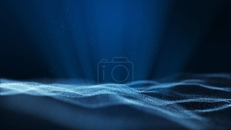 Téléchargez les photos : Fond d'animation abstrait bleu foncé avec des particules mobiles et scintillantes. Fond de l'effet de rayon de lumière bokeh - en image libre de droit