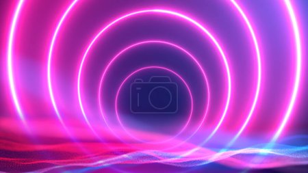 Foto de Sci Fi Modern Futuristic Circle Neon Circle Shaped  pink Glow Light in red blue particle background. 3D Rendering - Imagen libre de derechos