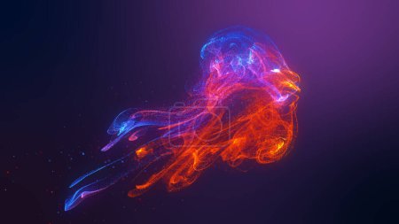 Foto de Futuristic jellyfish shape red blue colorful fluid particles wave flowing. 3D rendering de-focus abstract background. - Imagen libre de derechos