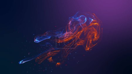 Foto de Futuristic jellyfish shape red blue colorful fluid particles wave flowing. 3D rendering de-focus abstract backgroun - Imagen libre de derechos