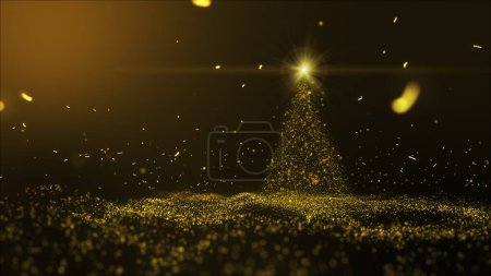 Foto de Yellow gold dust particle Rotating to Christmas tree from glow shiny particles and light shine on dark brown background. Christmas or New Year background with copy space - Imagen libre de derechos