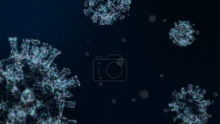 Foto de White light blue virus cells shape from line and point dust particle animation. Covid 19 technology concept.3d rendering - Imagen libre de derechos