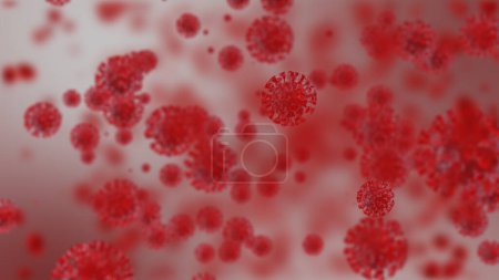 Foto de The realistic red virus model and blood cell Coronavirus, COVID-19 medical animation. Coronaviruses influenza as dangerous flu strain cases as a pandemic. Microscope virus close up. 3d rendering - Imagen libre de derechos