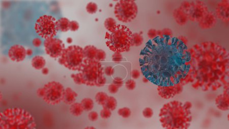 Foto de The realistic red  blue virus model and blood cell Coronavirus, COVID-19 medical animation. Coronaviruses influenza as dangerous flu strain cases as a pandemic. Microscope virus close up. 3d rendering - Imagen libre de derechos