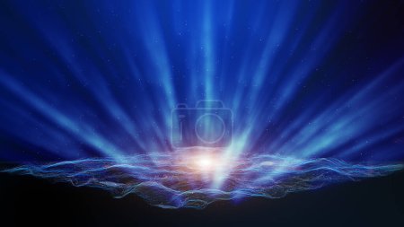 Foto de Blue landscape mountain and flare glitter light shine beam with dust particle effect abstract background. 3D Rendering. - Imagen libre de derechos