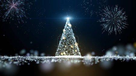 Foto de Glow blue particles glittering christmas tree lights motion graphic and fireworks background. - Imagen libre de derechos