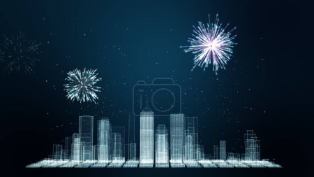 Foto de Digital cityscape with skyscrapers and landmarks and New Year Eve  fireworks background. - Imagen libre de derechos