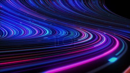 Foto de 3d abstract neon background space and time strings, highway night lights. Ultra violet rays, glowing lines, virtual reality, speed of light. - Imagen libre de derechos