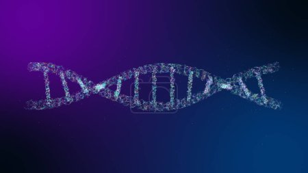 Foto de Abstract 3d polygonal wireframe DNA molecule on purple dark blue background. Medical science, genetic biotechnology, chemistry biology, gene cell concept. 3D Rendering. - Imagen libre de derechos