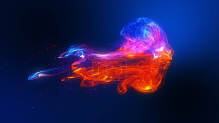 Foto de Futuristic jellyfish shape glow red blue colorful fluid particles wave flowing. 3D rendering de-focus abstract background - Imagen libre de derechos