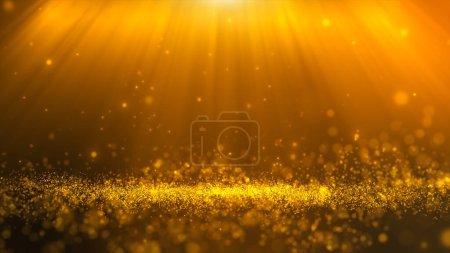 Foto de Glitter yellow gold particles stage and light shine abstract background. Flickering particles with bokeh effect. - Imagen libre de derechos