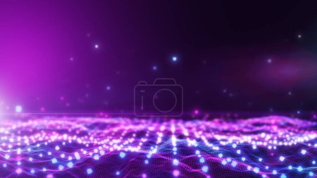 Foto de Glow purple blue digital landscape with cube particle. Crypto currency, big data, block chain and digital technology concept. 3D Rendering. - Imagen libre de derechos