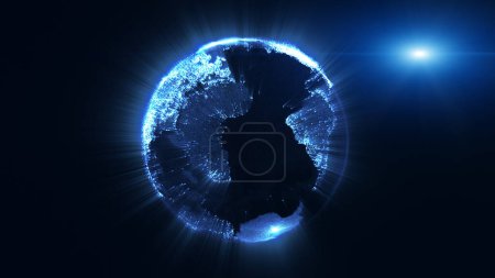 Foto de Representación 3D, globo terráqueo de partículas giratorio y haz de brillo de luz brillante, tecnología de big data, negocio y concepto de comunicaciones - Imagen libre de derechos